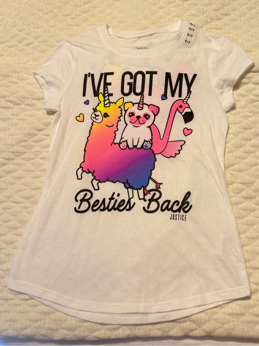 Justice T Shirt Double Sided Kids Size 6/7 Friends No Bullies Llama Pug Flamingo